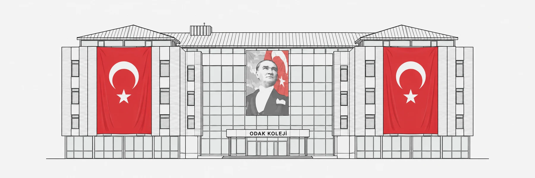 Türk bayrakları ve Atatürk portresiyle Odak Koleji Silivri kampüsünün cephe çizimi